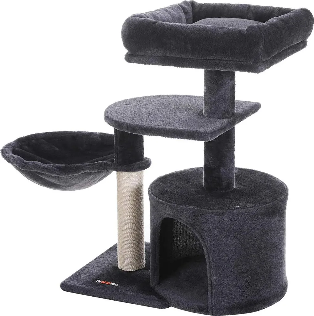 Petit arbre à chat gris 50cm avec griffoir en sisal naturel et pompon