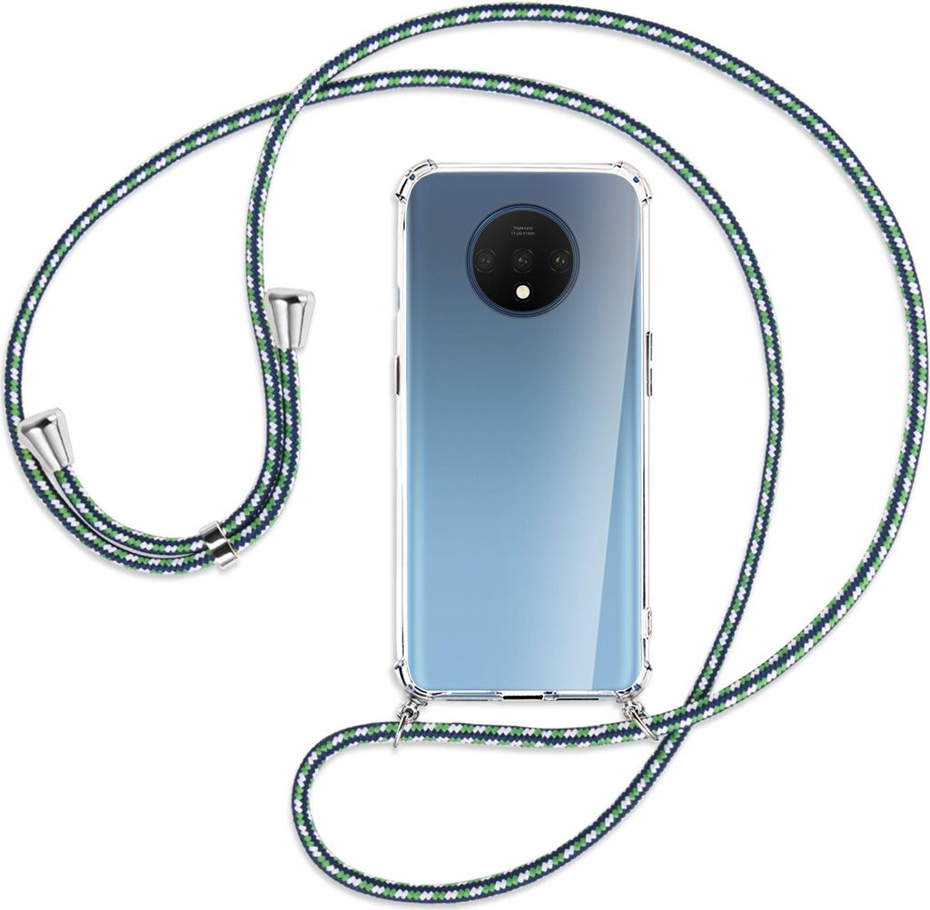 Handykette Backcover-Schutzhülle mit Band (Metall silberfarben) für OnePlus 7T - grün/blau/weiß