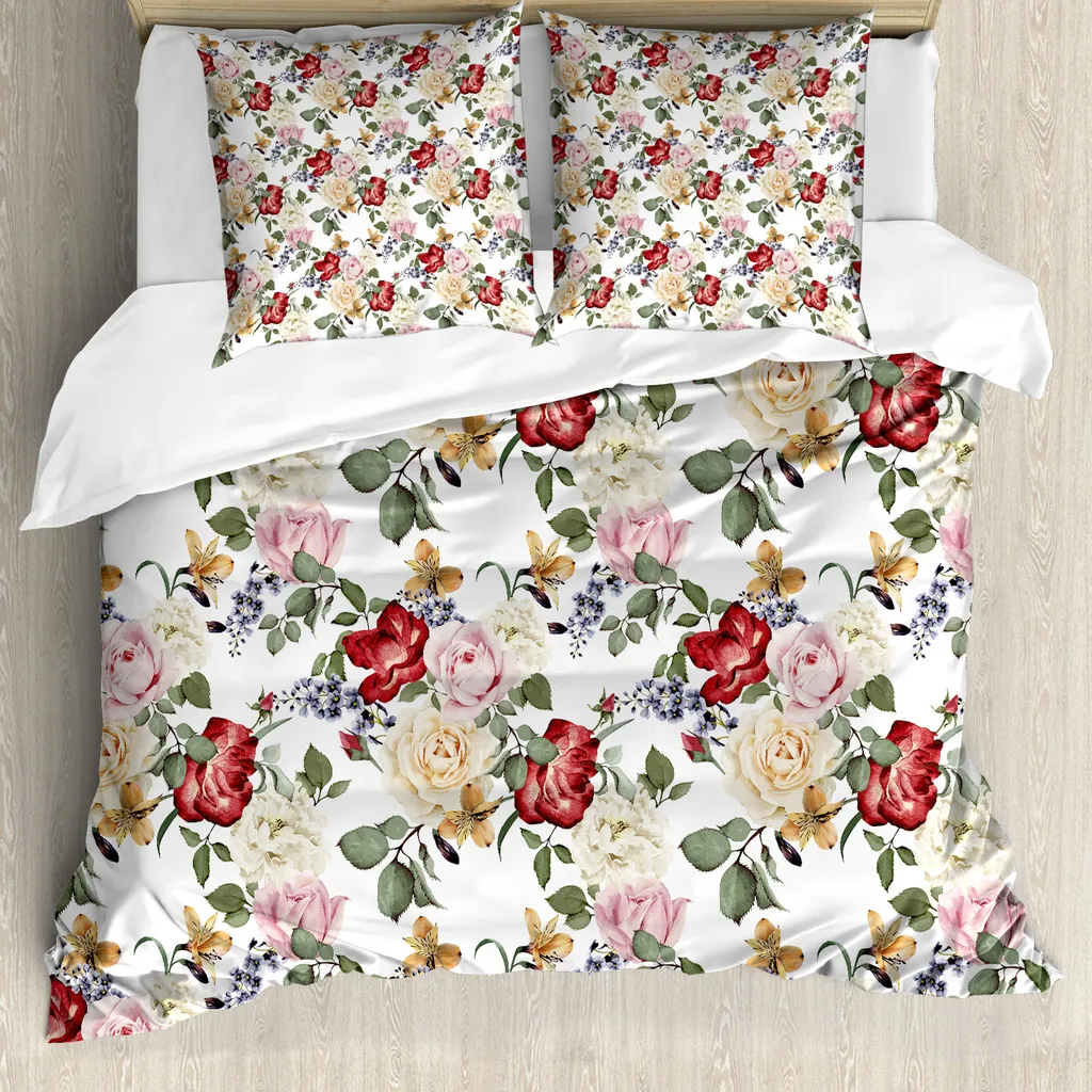ABAKUHAUS Copripiumino Shabby Flora, fiori di lillà e rose, antiacaro, adatto a chi soffre di allergie, con federe, 200 cm x 200 cm - 80 x 80 cm, rosa pallido crema