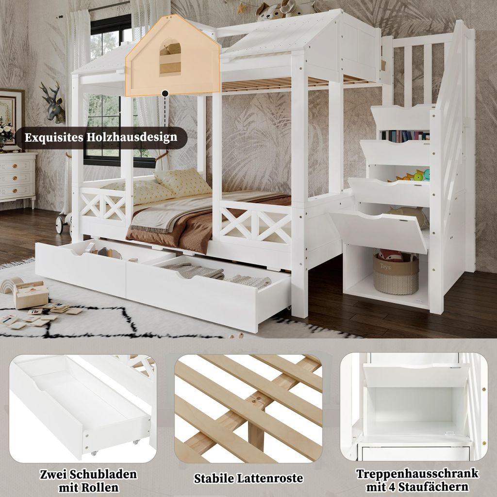 Etagenbett, Kinderbett, Zwei Schubladen mit Rollen, Schöne Fenster und Dach, Treppenhausschrank mit 4 Staufächern, Kiefer + MDF+Sperrholz