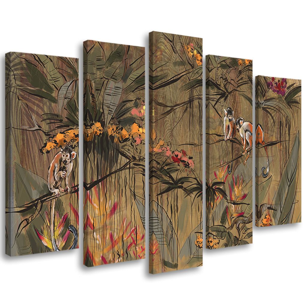 5-teiliges leinwandbild affen im dschungel 200x100 cm Feeby braun wandbild bereit zum aufhängen