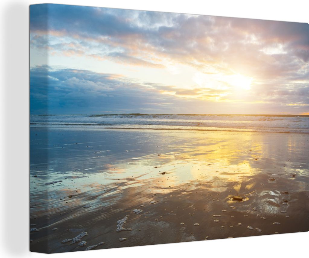 OneMillionCanvasses - Leinwandbilder - 140x90 cm, Bunter Himmel mit untergehender Sonne am Strand, Wandbilder Kunstdruck Wanddekoration