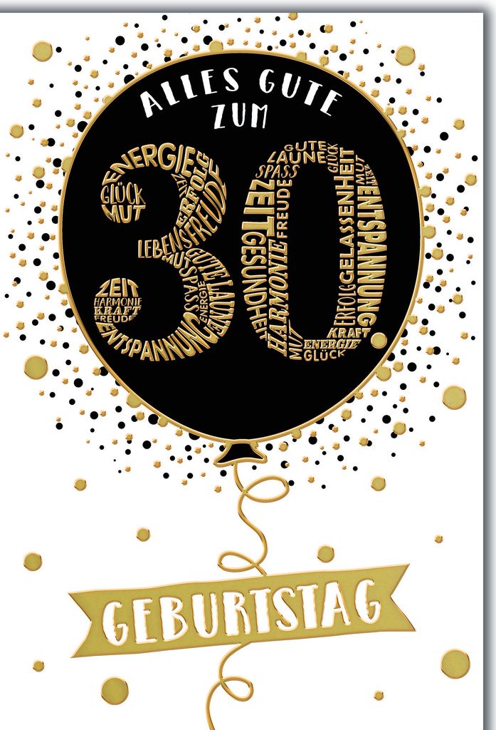 30. Geburtstag Glückwunschkarte mit Briefumschlag Luftballon in schwarz gold