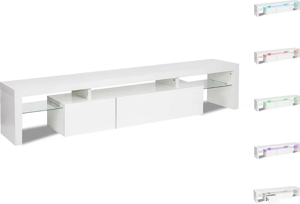 Banc TV laqué blanc avec éclairage LED intégré pour grand écran