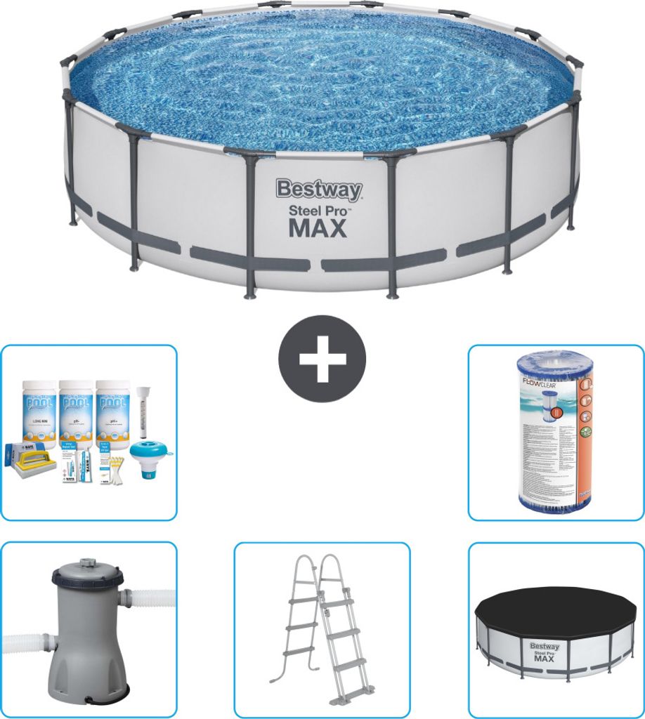 Bestway Round Steel Pro MAX Schwimmbad – 427 x 107 cm – Grau – inklusive Pumpe – Leiter – Abdeckung Wartungspaket - Filter