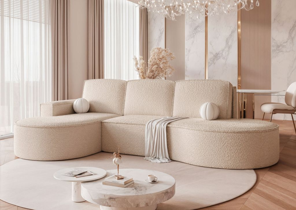 Idohome - Gepolstertes Ecksofa SOFIA L LINKS mit Schlaffunktion und Bettkasten 277x157 cm, modern, elegant, oval -Farbe: Beige Abriamo 03