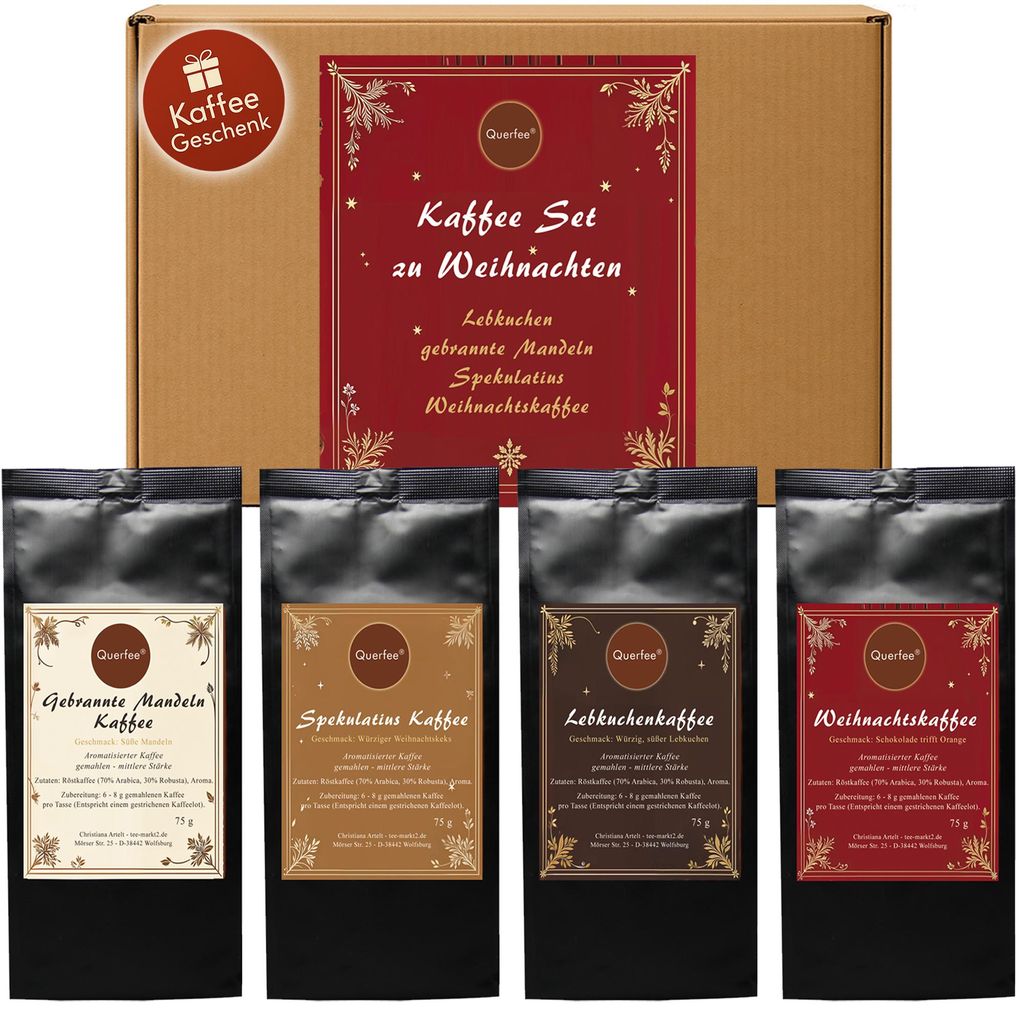 4 x Weihnachtskaffee – Kaffee mit Geschmack – Weihnachtskaffee, Spekulatius, Lebkuchen, Gebrannte Mandeln - 4 x 75 g Kafee Geschenkidee