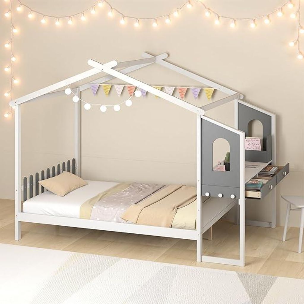 Hausbett mit Schreibtisch, Kinderbett mit abnehmbarem Aufbewahrungskorb, Schubladen, Haken, Lattenrost, Montessori-Bett für Jungen und Mädchen