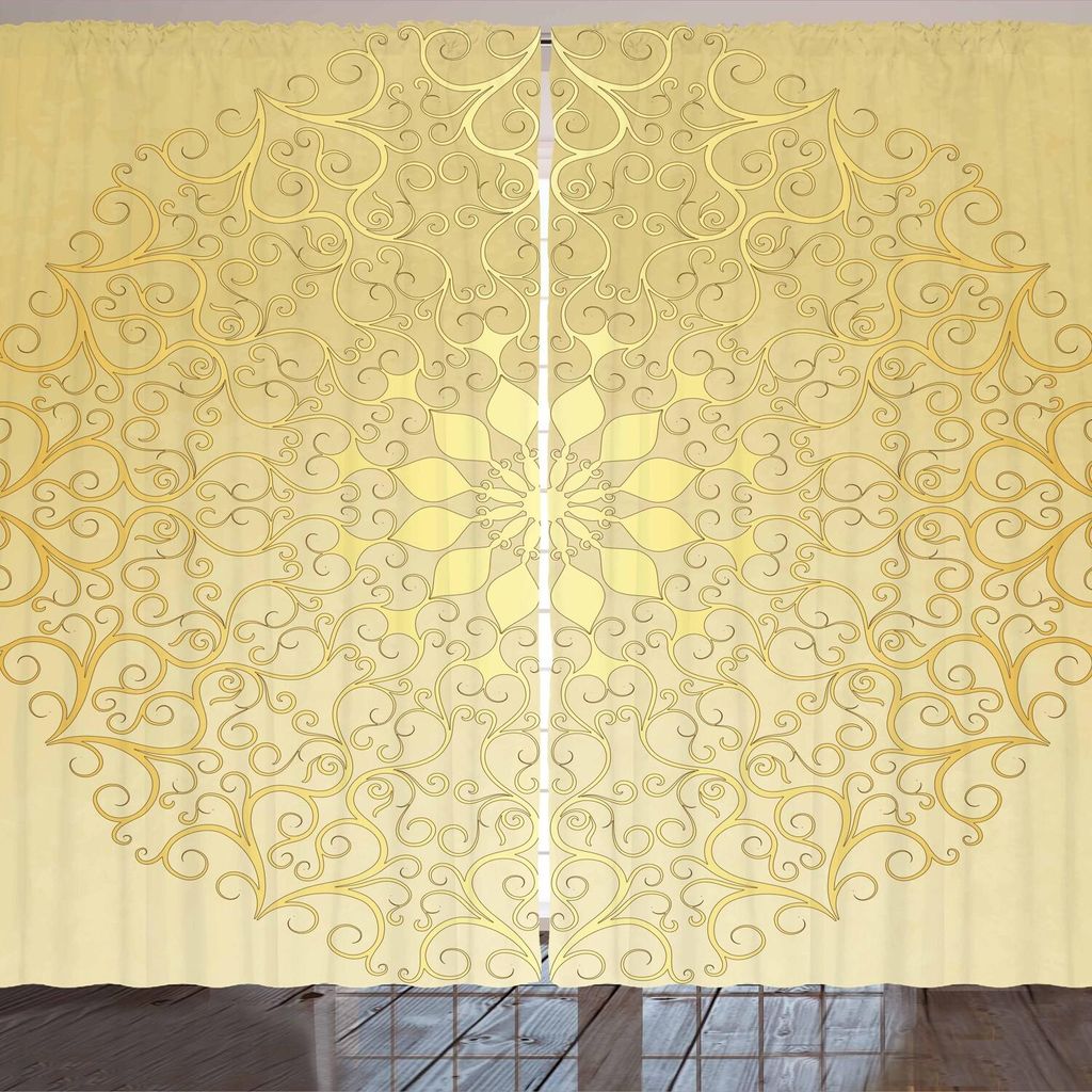 ARANDE Mandala Gardine, Arabesque Einflüsse Kreisförmige Romantische Motiven Muster, 280 x 225 cm, Gelb Blassgelb