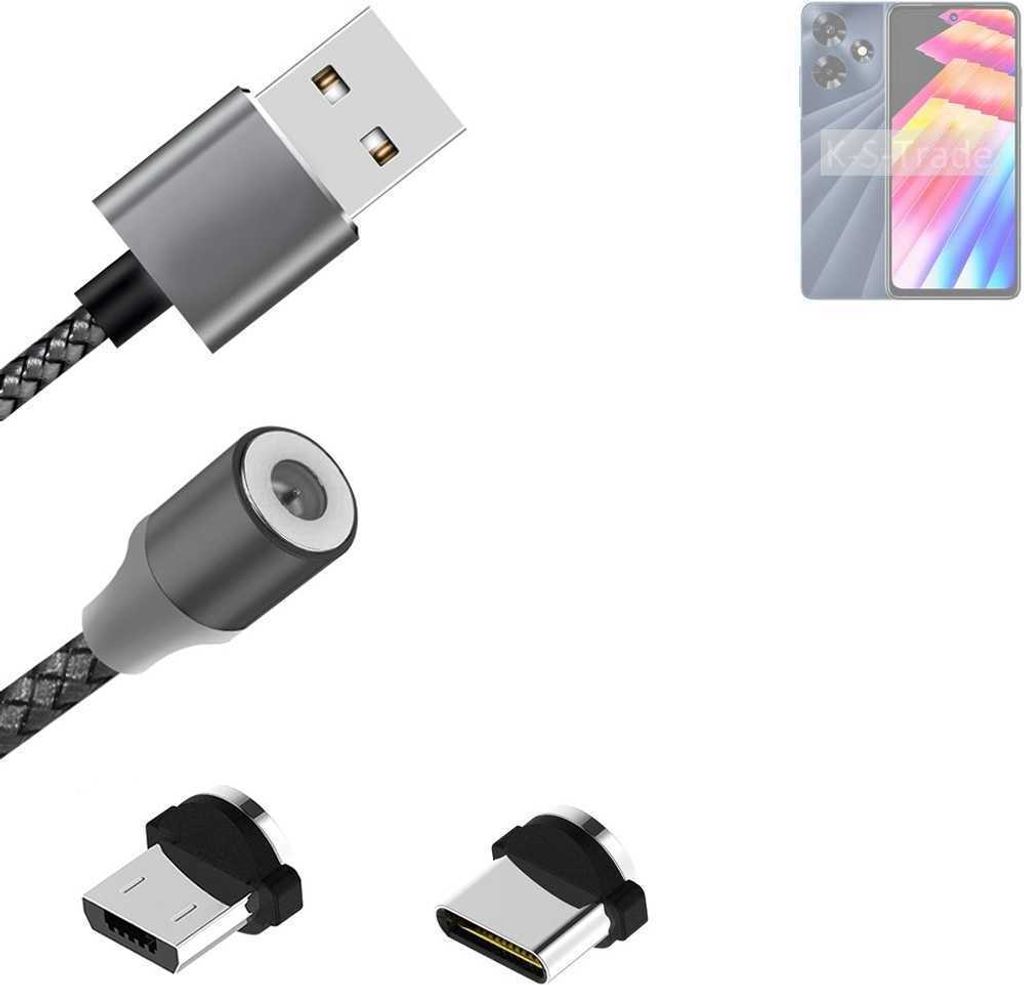 K-S-Trade Hochwertiges Magnet-Lade-kabel Sync-Kabel Daten-Kabel für Infinix Hot 30 mit USB-Typ-C-Anschluss und Micro-USB-Anschluss 2A bis zu 480mbps