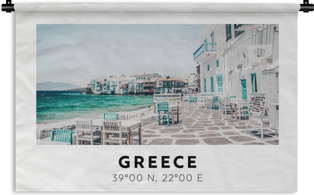 MuchoWow Wandteppich Wandbehang Griechenland - Blau - Meer - Stühle 150x100 cm Tapisserie Dekoration Wandtuch - Waschbar - Tapisserien - Wand-Decke