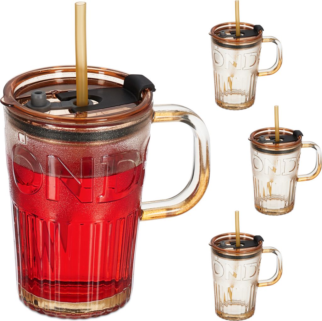 Relaxdays Trinkgläser 4er Set, Getränkebecher mit Deckel & Produktbild 