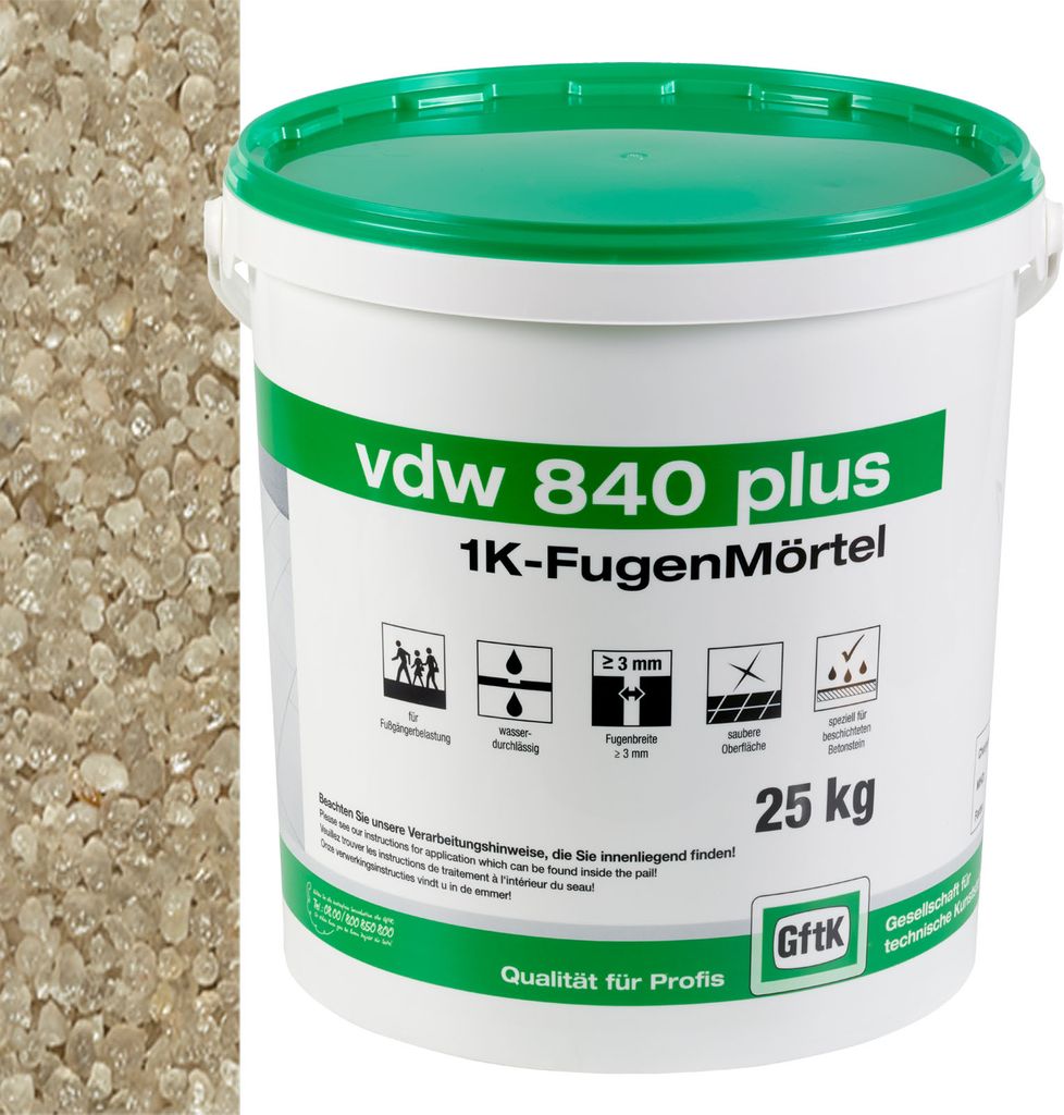 A bucket of VDW 840 Plus 1K Fugenmörtel with a side image of the granular material.