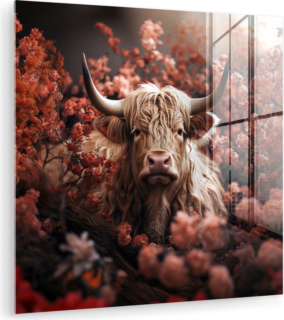 MuchoWow Glasbilder - Bilder auf Wandbild - Foto auf Glas Schottische Hochlandrind - Tier - Natur - Blumen - Botanisch 30x30 cm Wanddekoration aus ...