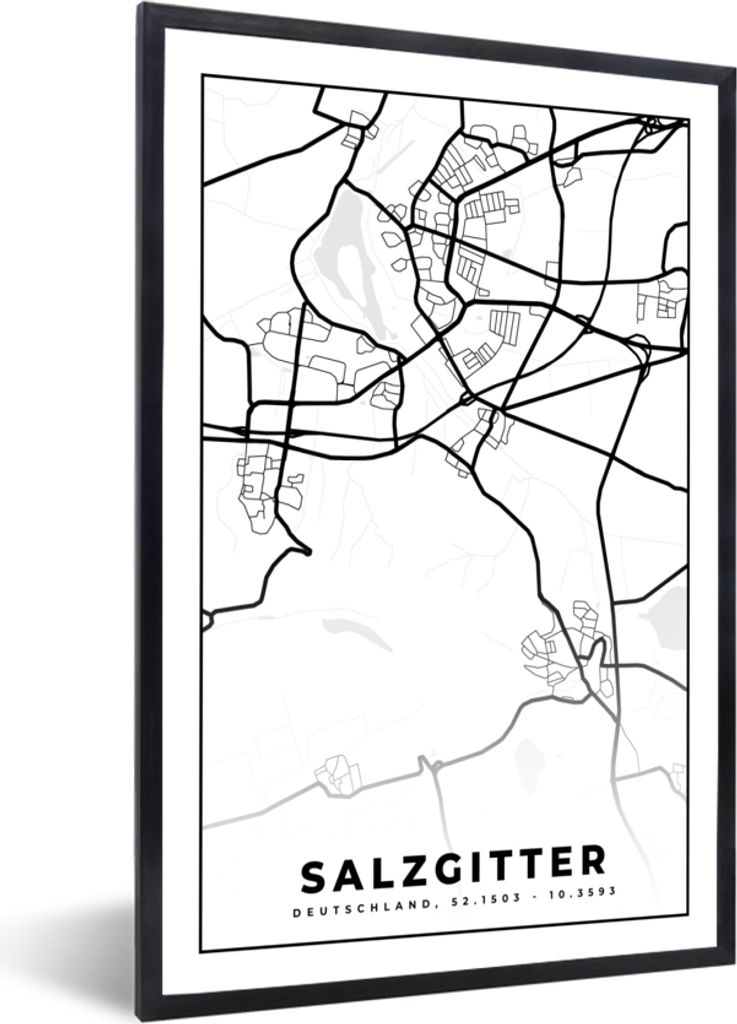 MuchoWow Gerahmtes Poster Stadtplan - Salzgitter - Karte 40x60 cm - Poster mit Schwarzem Bilderrahmen Wandposter Rahmen Foto Bilder - Papierdruck...