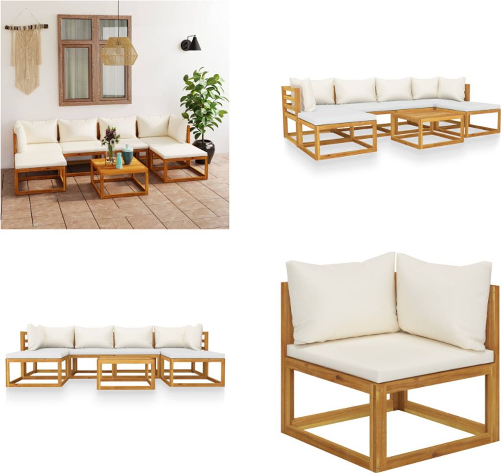 vidaXL 7 tlg. Garten Lounge Set mit Auflagen Creme Massivholz Akazie - Garten-Lounge-Set - Garten-Lounge-Sets - Modulares Sofa-Set - Modulare Sofa-...