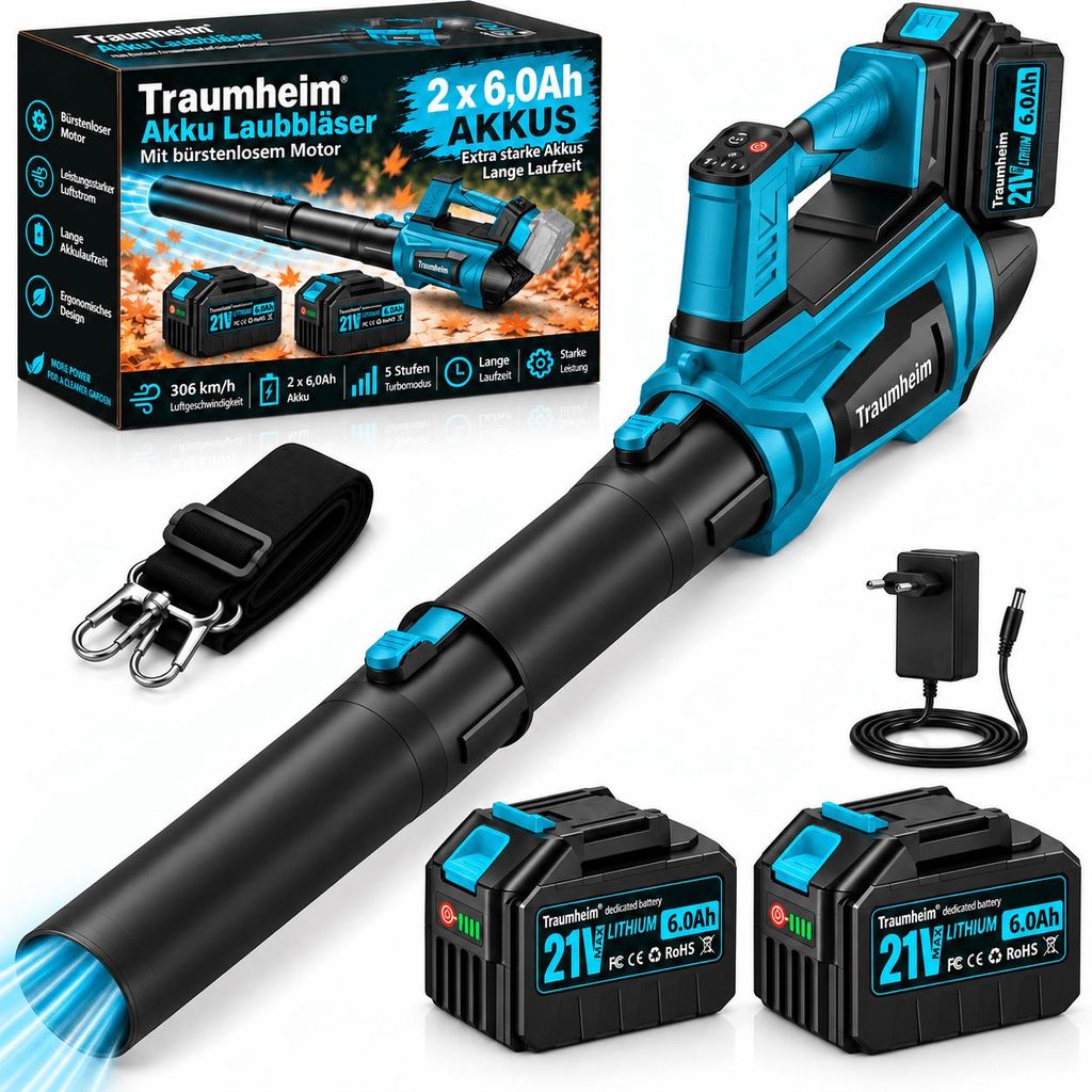 Akku Laubbläser mit Bürstenloser Motor 306 km/h, 2x 6000mAh Produktbild 