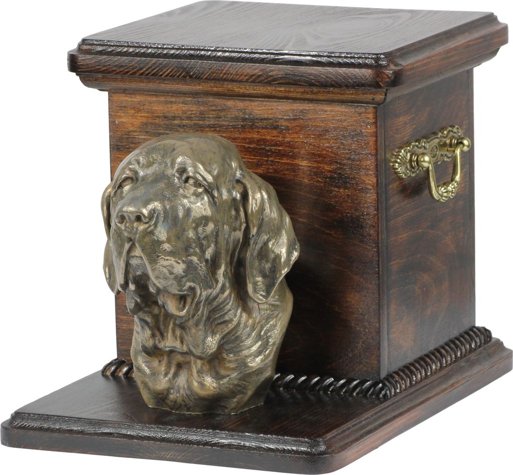 Fila Brasileiro, Brasilianischer Mastiff - Eine Urne für die Asche eines Hundes mit einer Statuette, eine elegante Urne für einen Hund, eine auß...