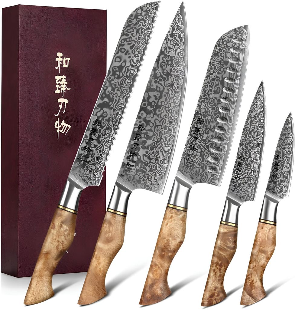 Sada nožů HEZHEN, 5 kusů, damascénská ocel, santoku Obrázek produktu 