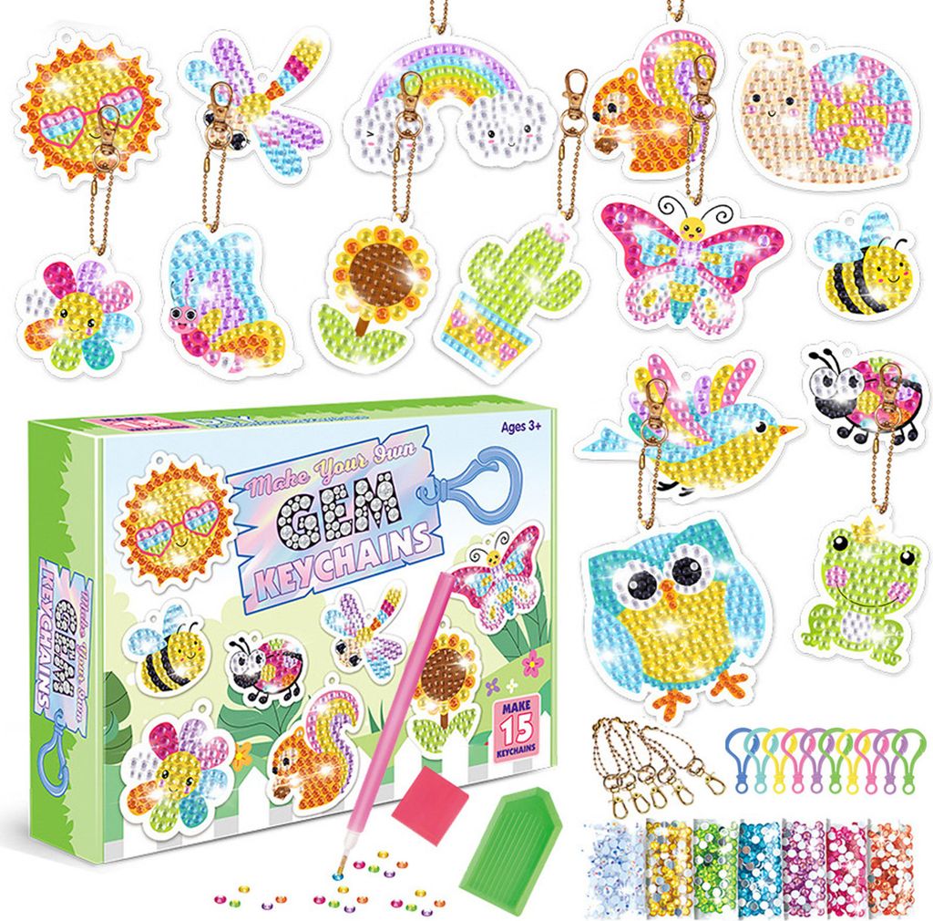 15stk Diamond Painting Kinder Tier DIY 5D Einseitig Set Diamant Aufkleber Schlüsselanhänger, Bastelsets für Kinder