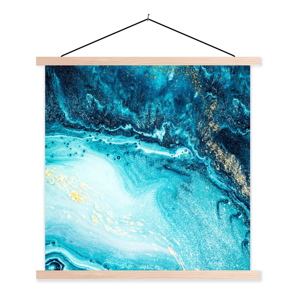 MuchoWow Textilposter Marmoroptik - Blau - Gold - Luxe - Glitzer - Marmor 120x120 cm mit holzfarbenen Rahmen - Textil-Poster