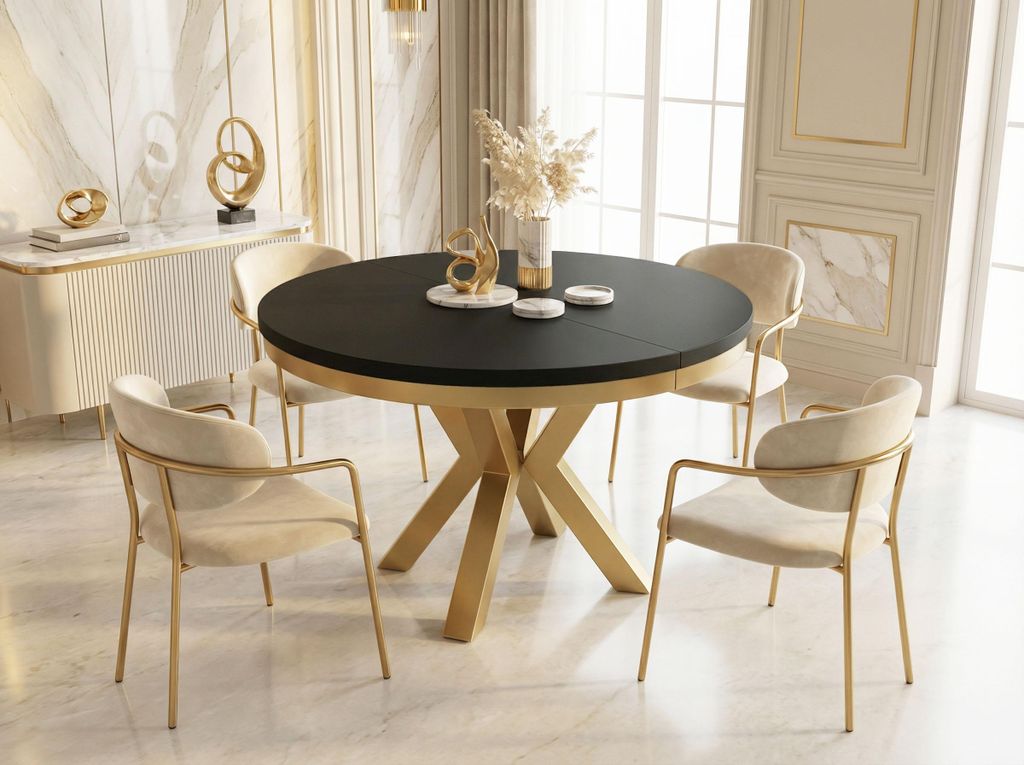 Runder Ausziehbarer Esstisch im Loft-Stil - Industrieller Tisch mit Goldenen Metallbeinen - Platzsparender Tisch für Wohnzimmer - Schwarz - 120 bi...