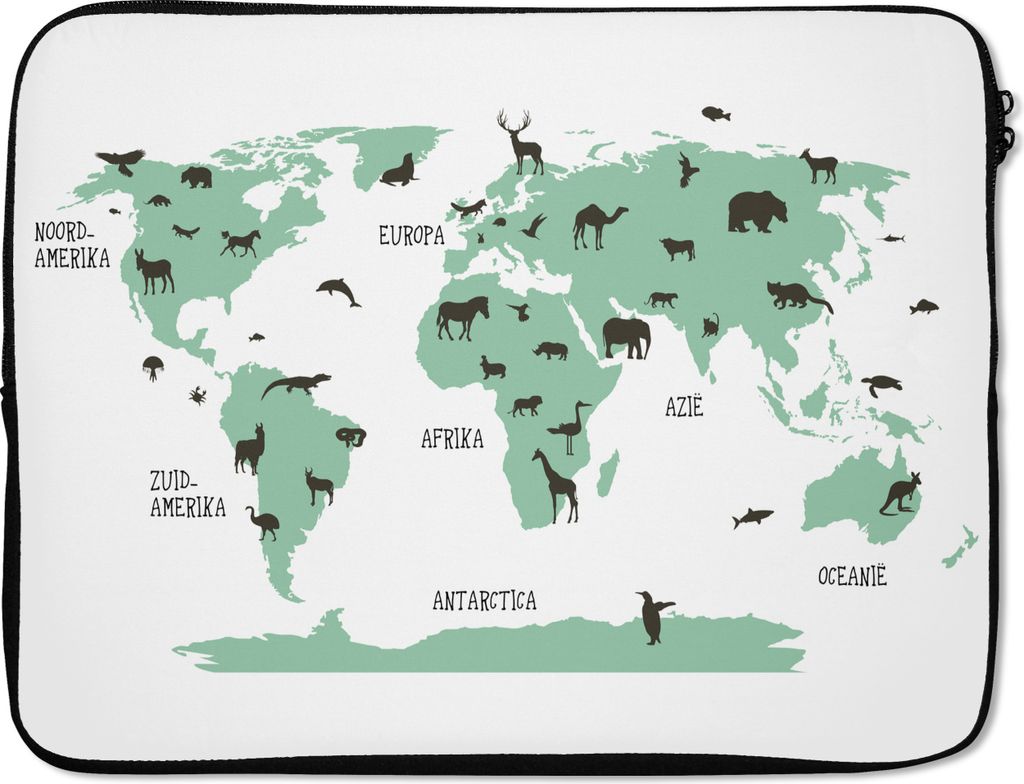 MuchoWow Laptop Hülle 17 Zoll Laptoptasche Weltkarte Kinder - Tiere - Türkis - Zipper - Schutzabdeckung