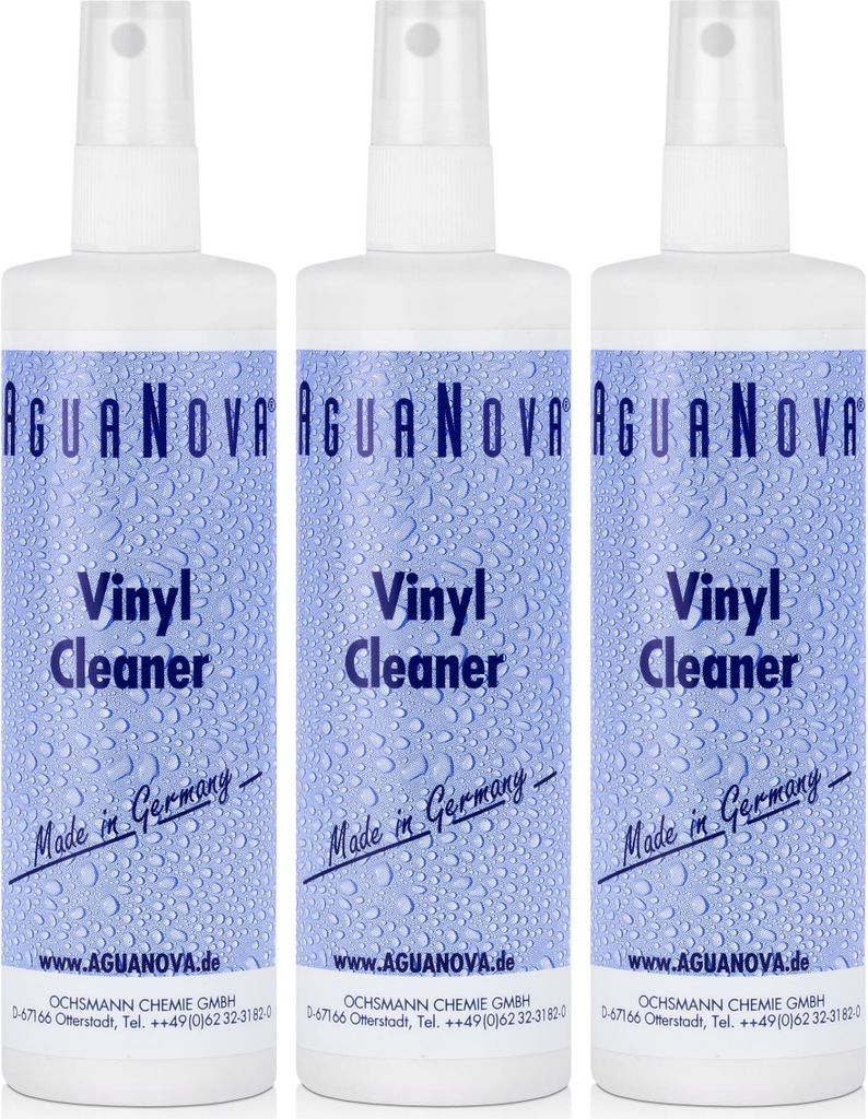 Three bottles of AguaNova Vinyl Cleaner on a white background.