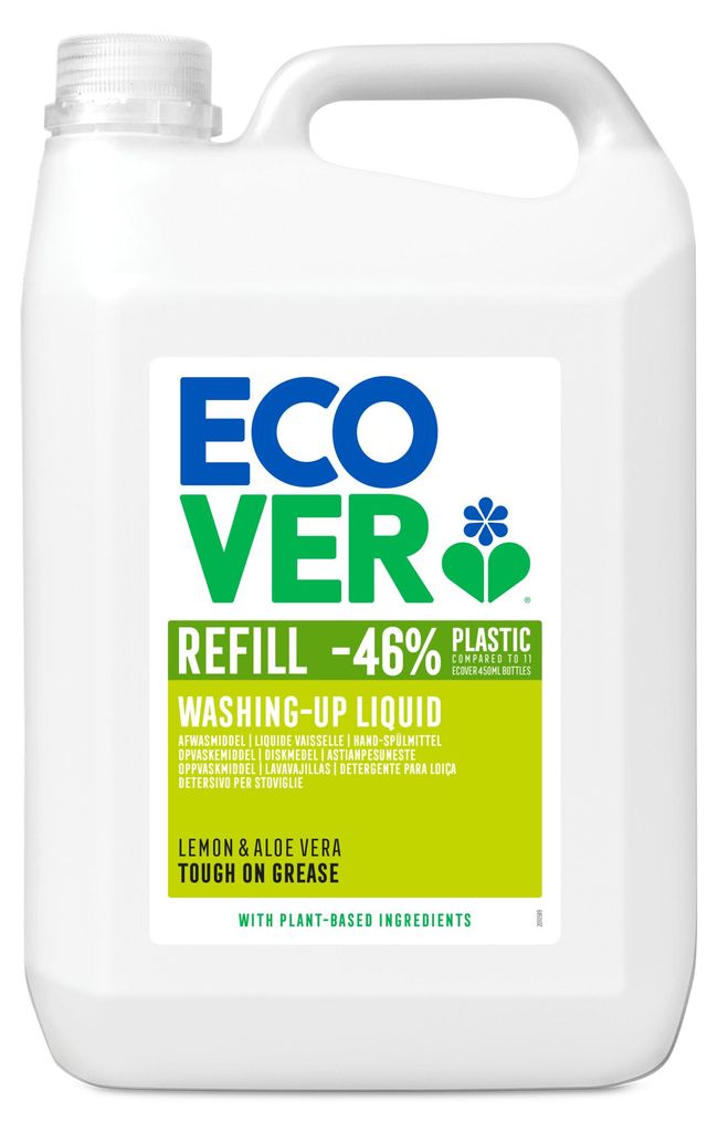 A white plastic jug of Ecover washing-up liquid with a green and blue label.