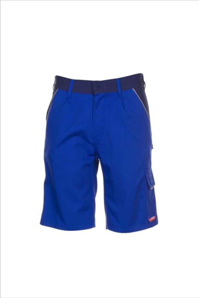 A pair of blue cargo shorts on a white background.