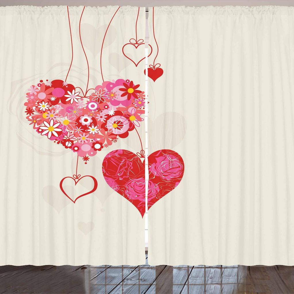 ARANDE Verlobungsfeier Gardine, Ornamental Floral Heart Icons an Strings mit Fliege befestigt, 280 x 175 cm, Eischale Mehrfarbig