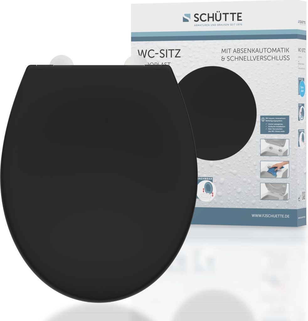 A black toilet seat is shown next to its packaging box.