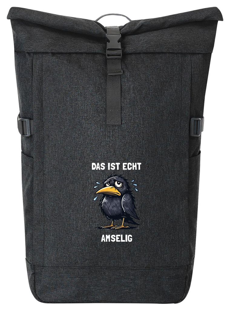 Huuraa Kurierrucksack Das ist echt Amselig Amsel Meme 30-44 Liter Black Melange Fairtrade Rolltop Rucksack Geschenkidee