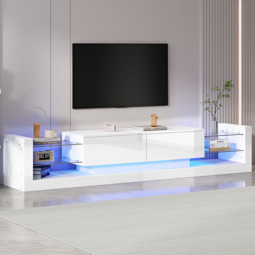 MODFU TV-Schrank Hochglanz Lowboard mit LED-Beleuchtung, Glasfront, zwei klappbare Schubladen Für Fernseher bis 80 Zoll, Fernsehtisch Wohnzimmersc...