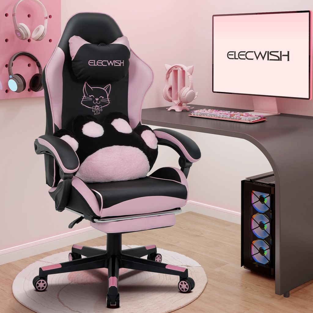 Puluomis Gaming Stuhl mit Fußstütze, Bürostuhl Chefsessel Schreibtischstuhl Racing Stuhl ergonomisch drehbar höhenverstellbar Katze Schwarz Pink