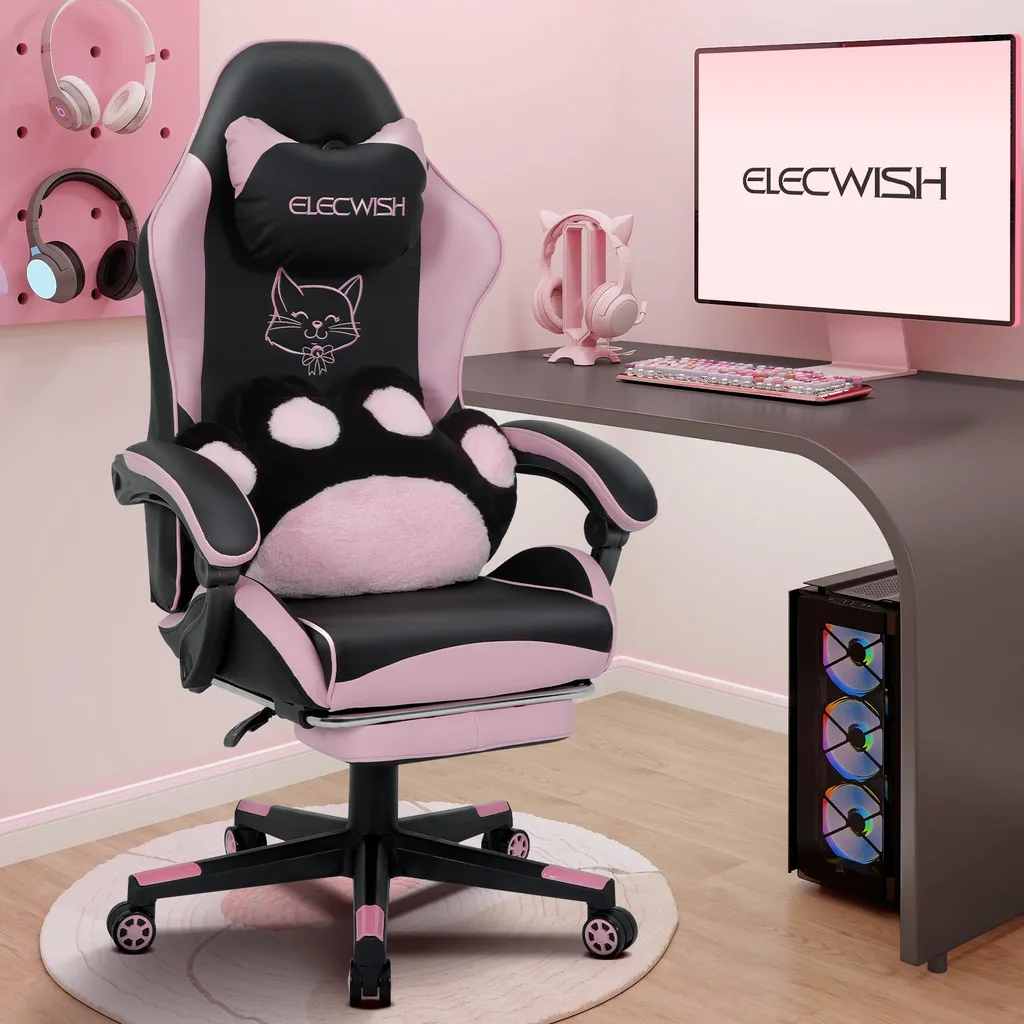 Chaise de jeu Puluomis avec repose-pieds ergonomique noir et rose