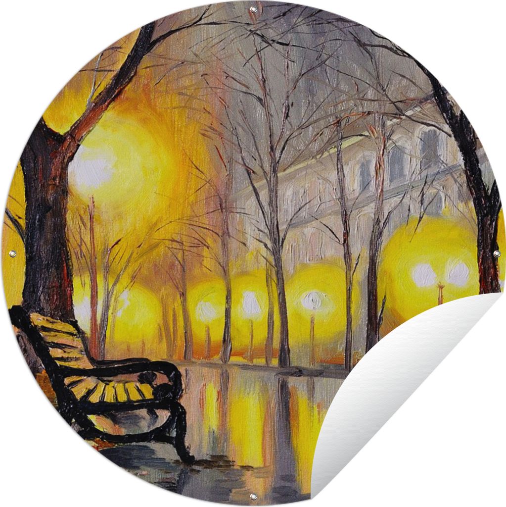 MuchoWow Gartenposter Outdoor-Poster Rund Malerei - Bank - Wasser - Licht - Öl Ø 60 cm Gartendeko Rundes Poster draußen