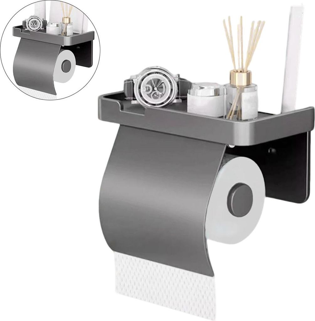 Wandhalter für Toilettenpapier, Schwarzes Aluminium, Handyablage, Feuchttücher, Badpapier Halter, Wasserabweisend, Einfache Montage