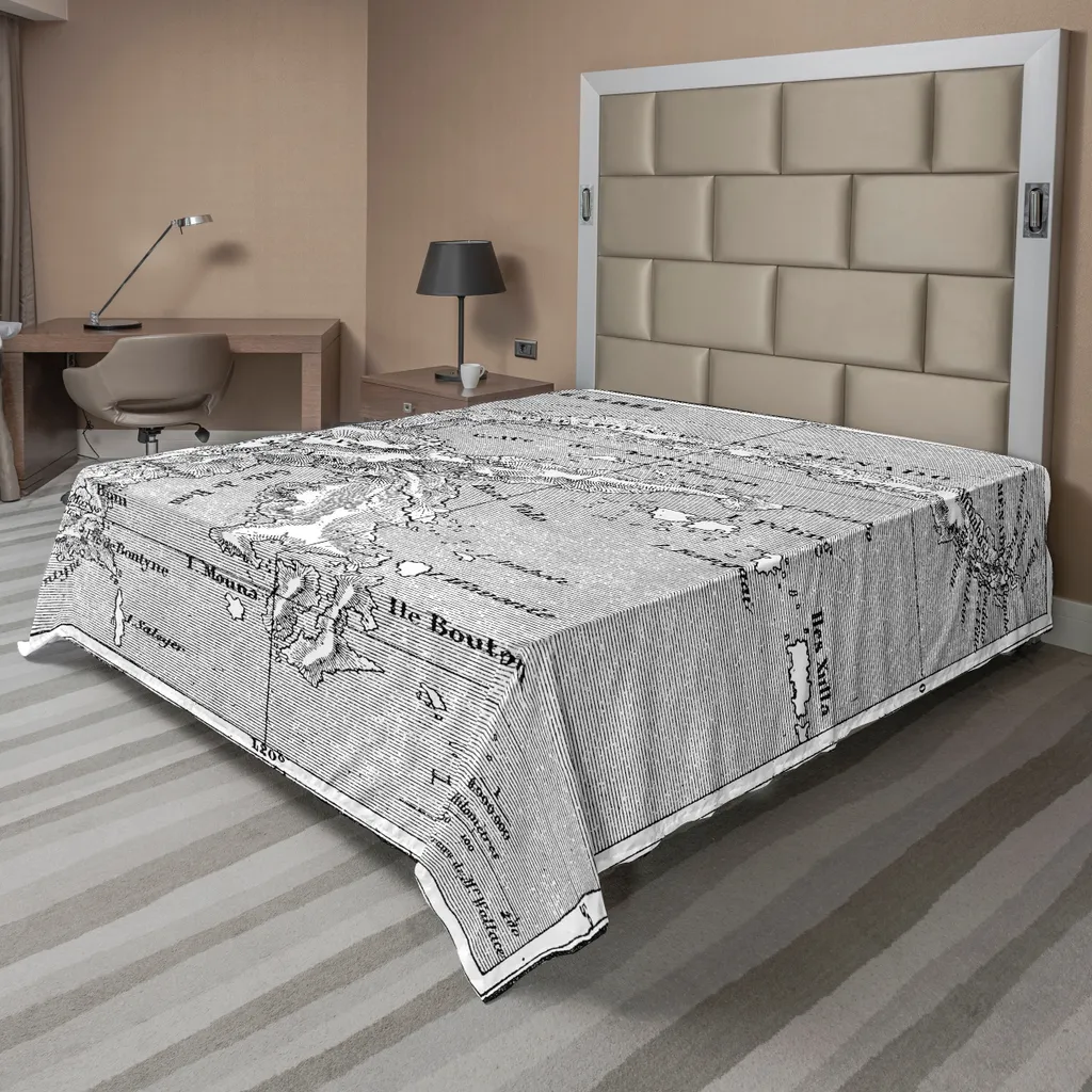 ABAKUHAUS Lenzuolo con mappa dell'isola, mappa francese con stampa vintage dell'isola di Sulawesi, lenzuolo morbido e confortevole per un letto decorativo 1 pezzo 244 cm x 205 cm, bianco e nero