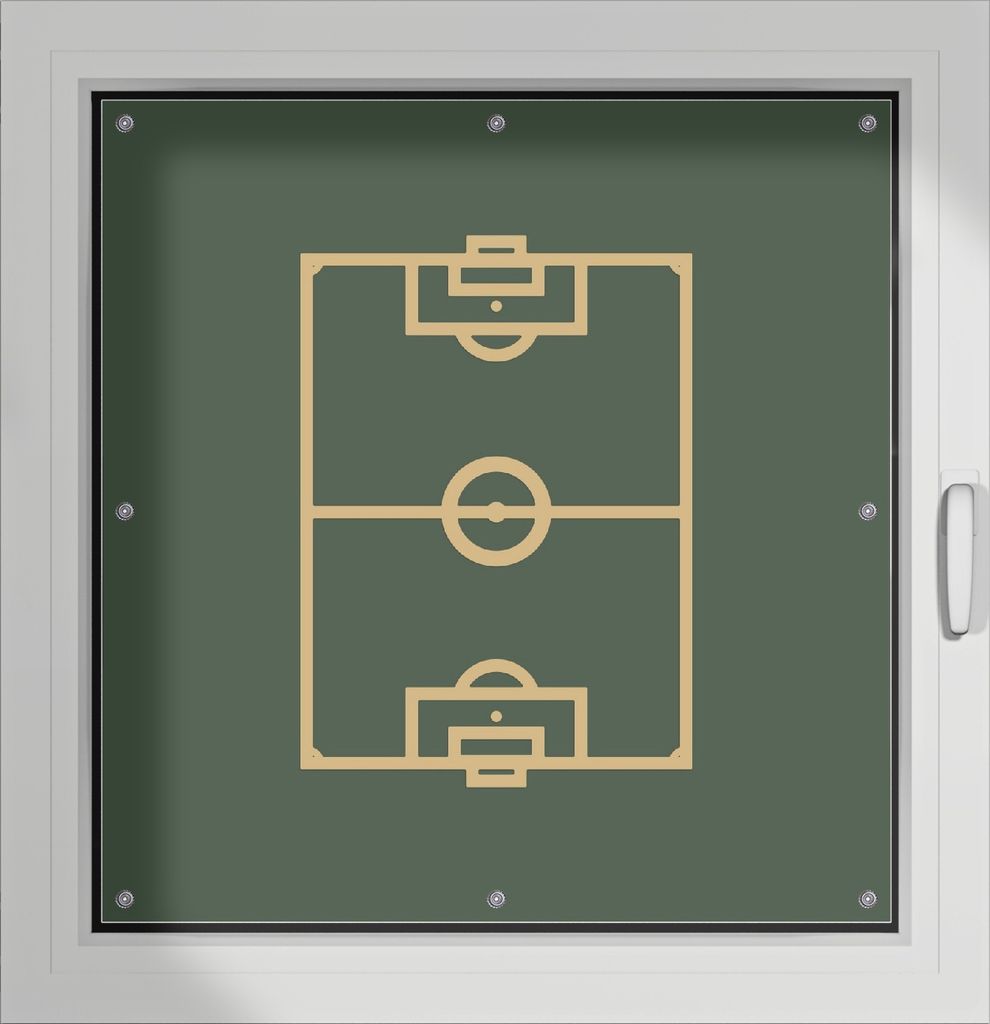 Wallario Lichtschutzbild, Dekorativer Sichtschutz Sonnenschutz 96 x 100 cm mit Motiv: Fußball - Fußballfeld gezeichnet in grün und gelb - Verdun...