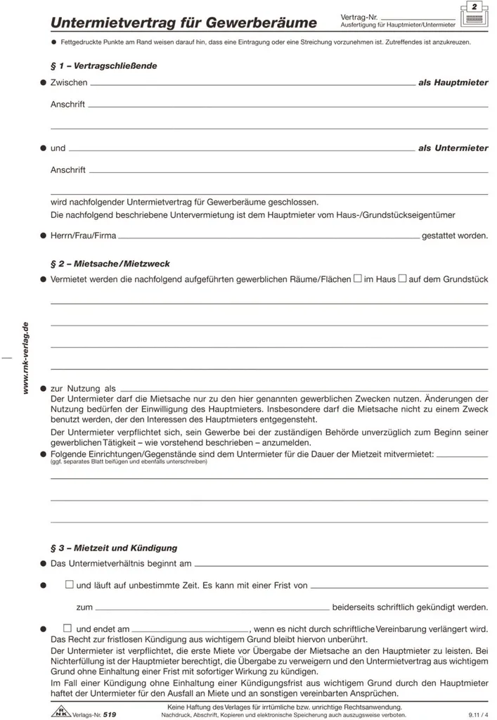 RNK Verlag 519 Contrat de sous-location locaux commerciaux - Lot de 10