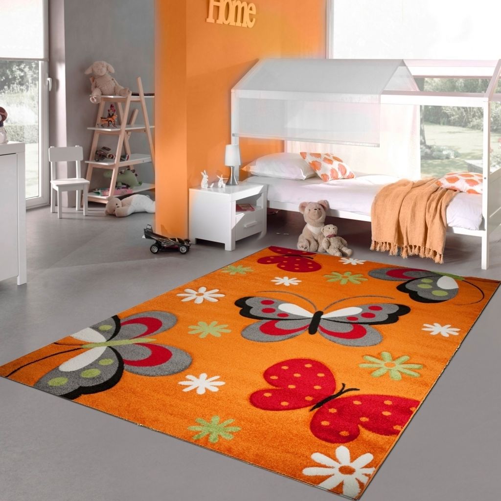 Bunter Schmetterlings-Teppich für Kinderzimmer in orange rot Größe - 160 x 230 cm