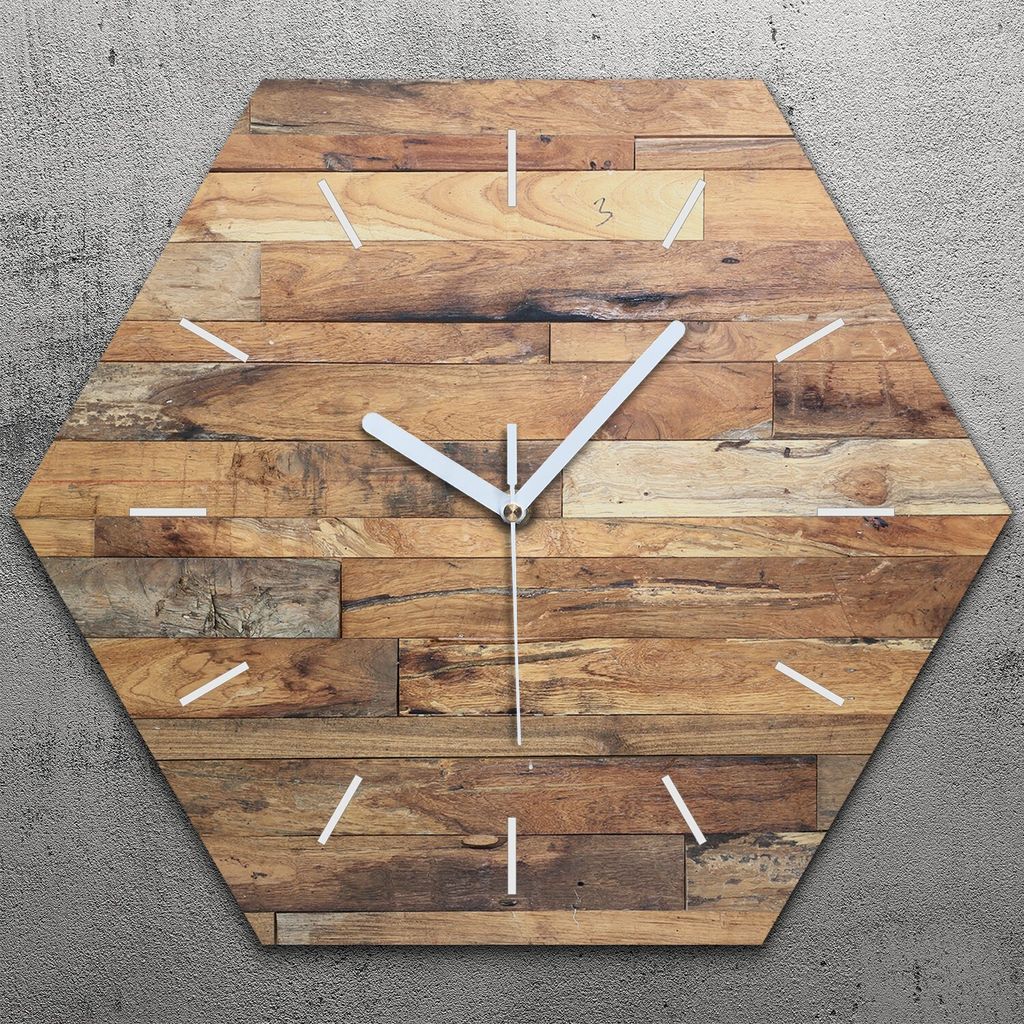 Uhr hexagonal 40 cm Glas Geräuschlos weiße Zeiger - Dunkle Holz