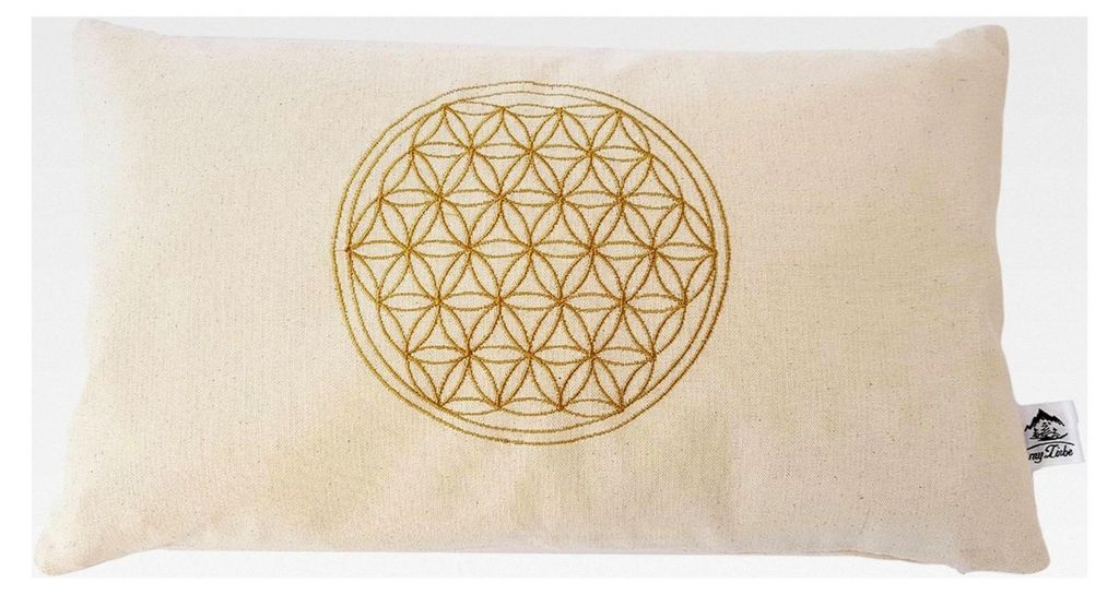 Kissenhülle mit Blume des Lebens - Bestickt in Gold-Gelb, Baumwolle, 30 x 50 cm