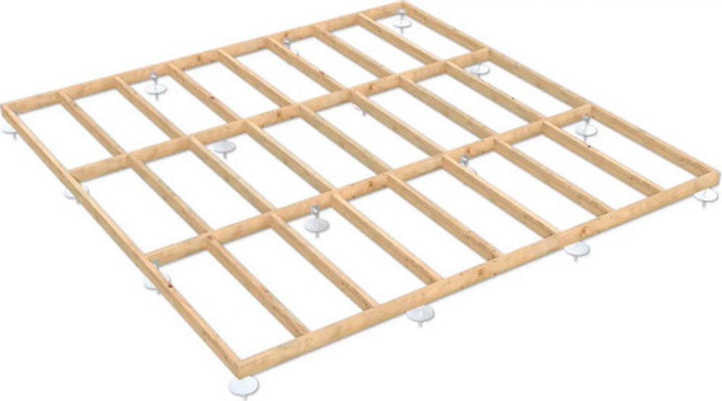 A wooden floor frame with white supports underneath, shown from a high angle.