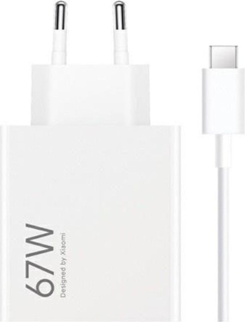 A white Xiaomi 67W charger and USB-C cable are displayed against a white background.