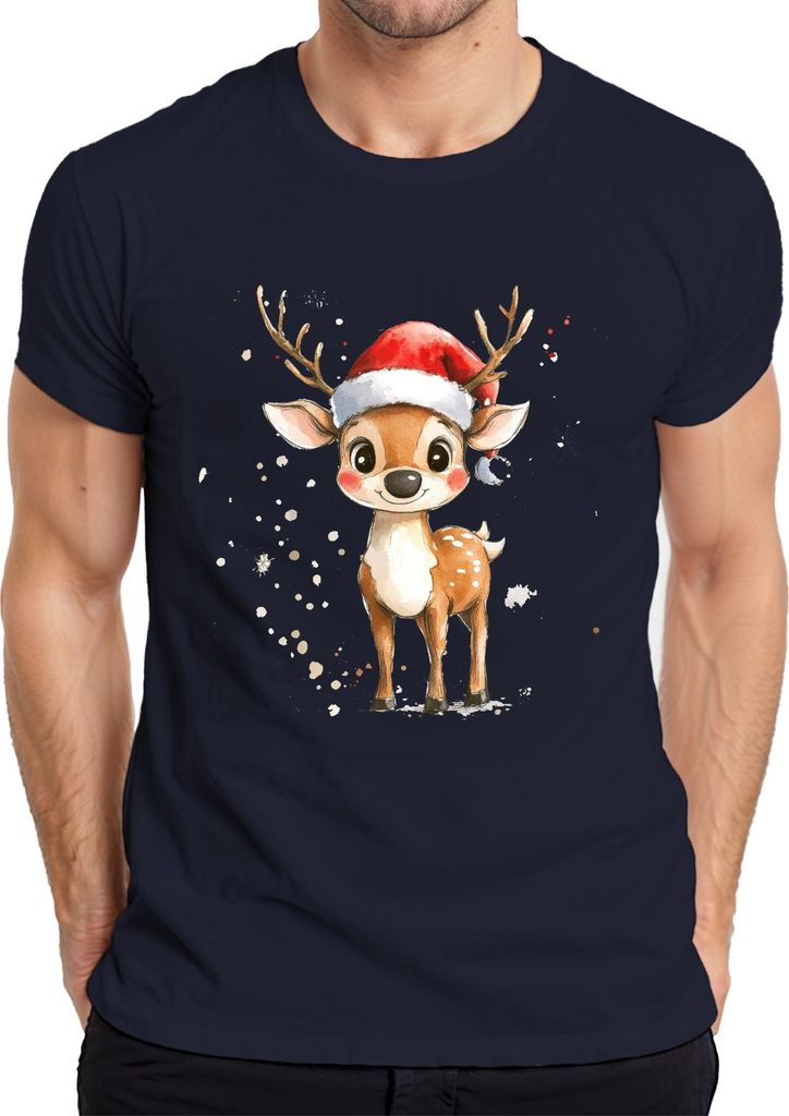 Weihnachtsrentier Aquarell Santa Hut Kinder Geschenk Niedlich Herren T-Shirt, Navy, L