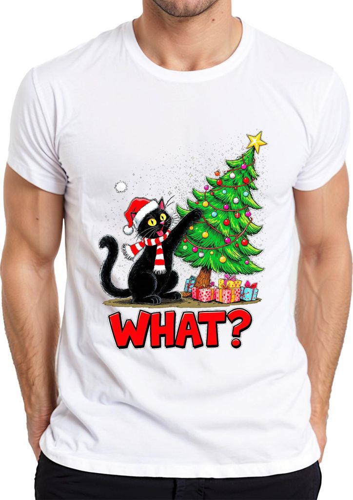 WHAT? schwarze Katze Weihnachten lustig Weihnachtsbaum Geschenke Herren T-Shirt, Weiß, XL