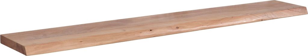 A wooden shelf on a white background.