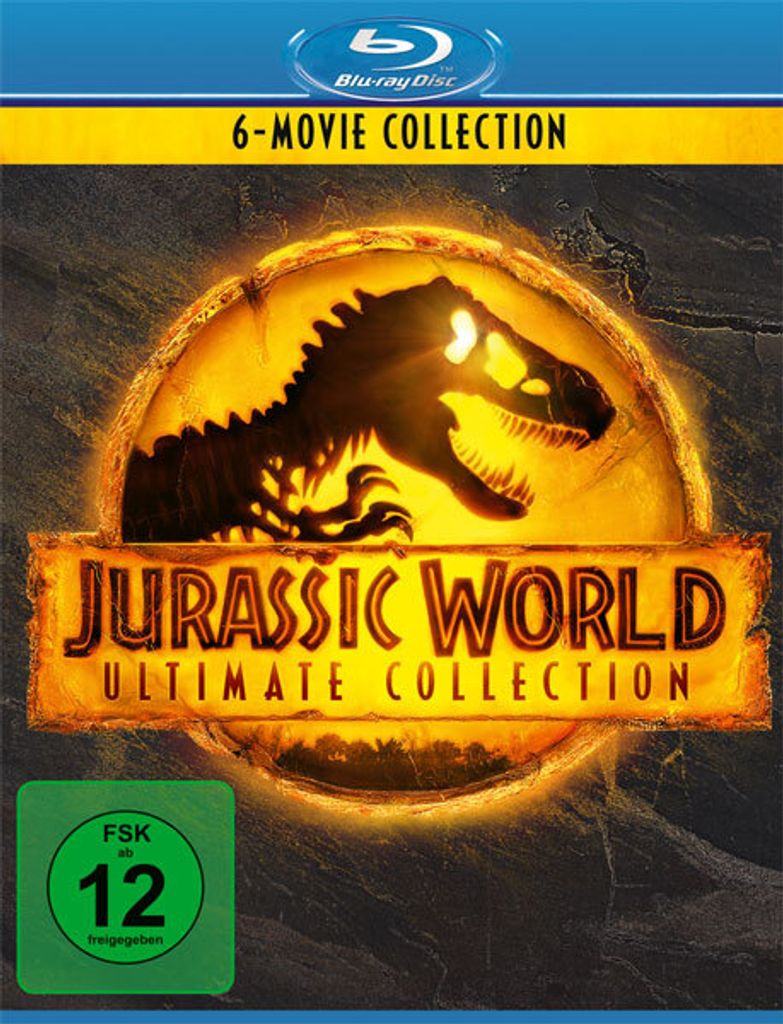 The image shows the Blu-ray packaging for the Jurassic World Ultimate Collection, featuring a dinosaur silhouette and the movie title.